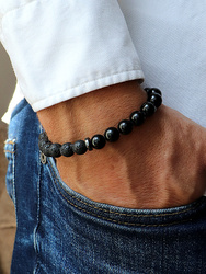 Herrenarmband - schwarzer Turmalin, vulkanische Lava, Hämatit