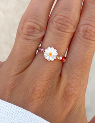 Elastischer Ring: Blümchen aus Perlmutt, Zirkonia und vergoldetem Silber