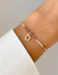 Armband aus Rosa Turmalin, Mondstein und Hämatit in Goldfarbe mit Wunsch-Anhänger (Buchstabe)